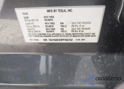 2023 Tesla Model Y Rwd из США, поврежденный, VIN 7SAYGDED9PF958702